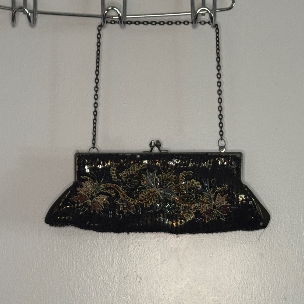 White House Black Market Black Sequin Floral Chain Clutch